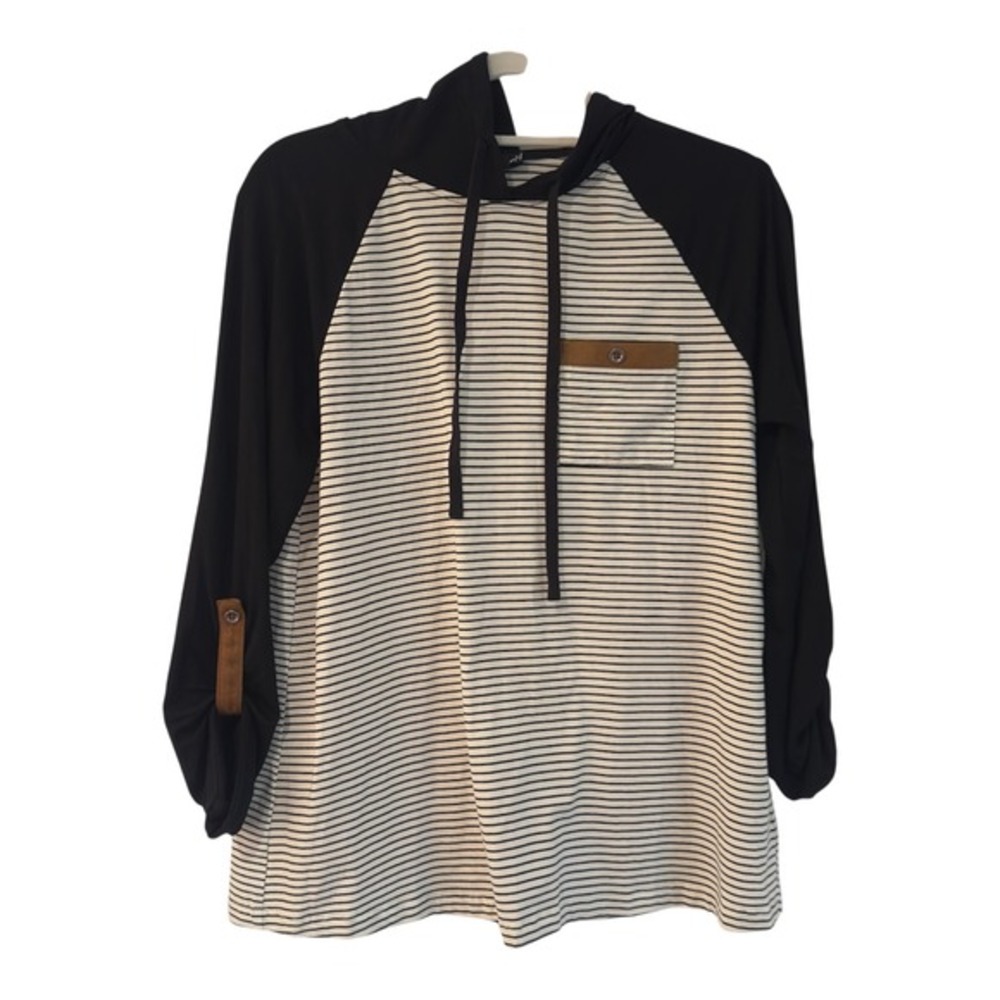 Doe & Rae‎ Womens Striped Raglan Hoodie Small Black White Roll Tab Sleeve 41720T